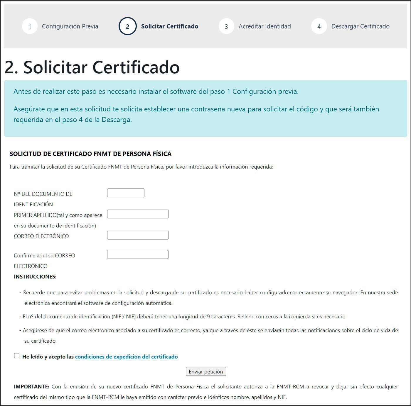 solicitar certificado rellenar campos